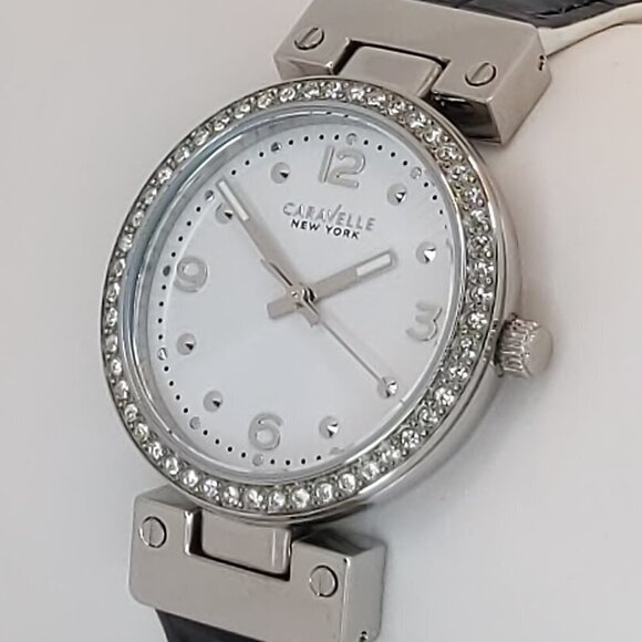 Caravelle Ladies Dress Watch By Bulova Crystal Bezel Reversible Strap 32mm - Picture 10 of 15